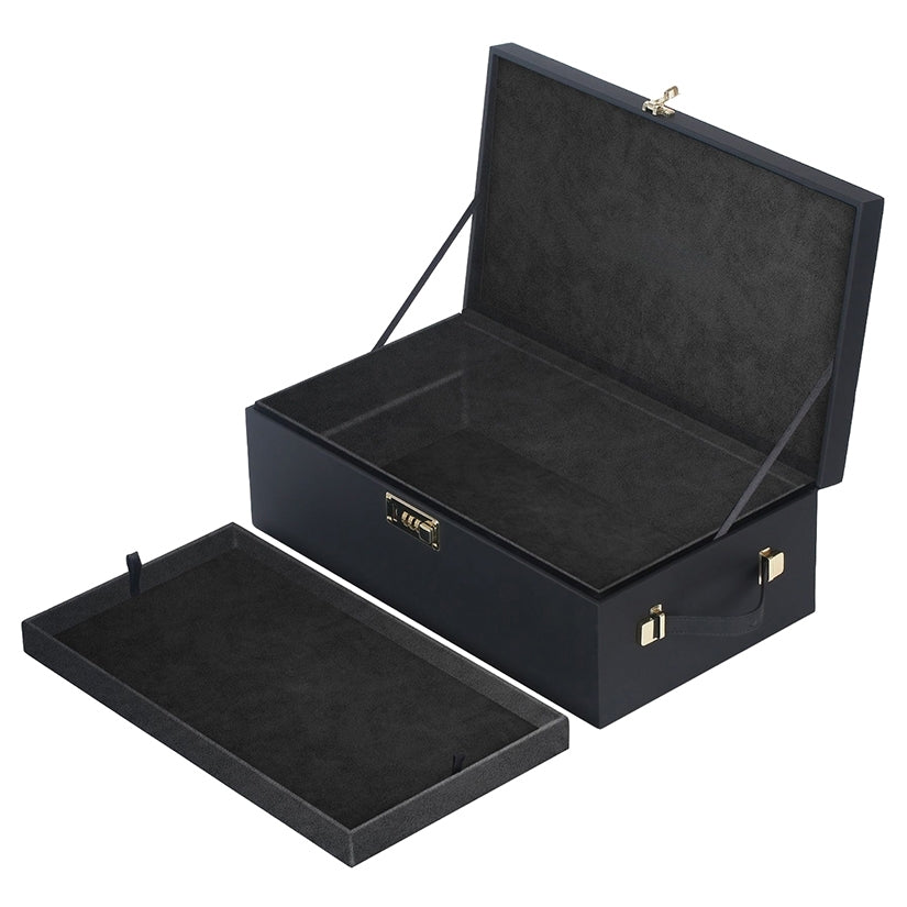 Strap On Me Le Coffret Prestige Lock Case open, featuring a soft velvet interior and elegant black design.