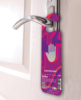 Love to Love Let's Dice with Door Hanger Blue displayed on a door handle, featuring vibrant colors and playful design.