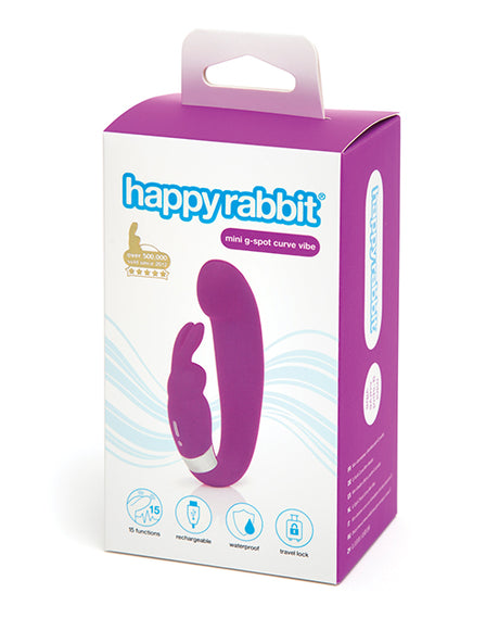 Happy Rabbit G-spot Clitoral Curve Vibrator Purple packaging showcasing the curved design and features including waterproof and rechargeable.