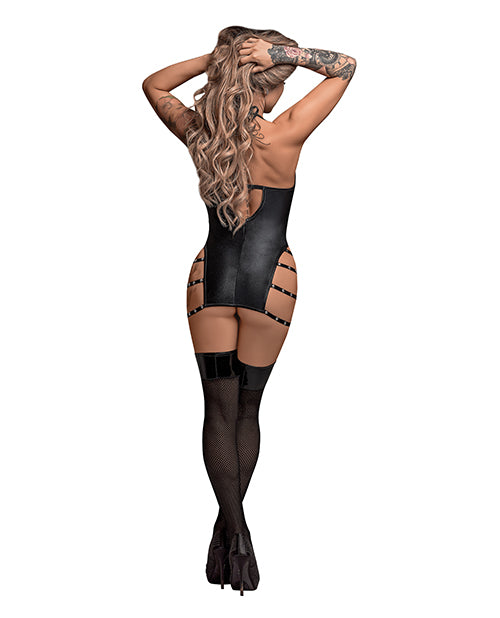 Lust Portia Mini Dress Plush Strapping Black L XL worn by model from the back, featuring plush strappy accents and a revealing design.
