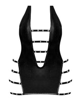 Lust Portia Mini Dress Plush Strapping Black L XL featuring deep V-plunge and strappy elastic accents.