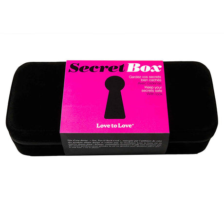 Love To Love Secret Box V2 Toy Storage Case Black with a pink label indicating secrets safe.