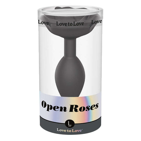 Love to Love Open Roses Silicone Butt Plug Black Onyx Large in transparent packaging showcasing its elegant design.