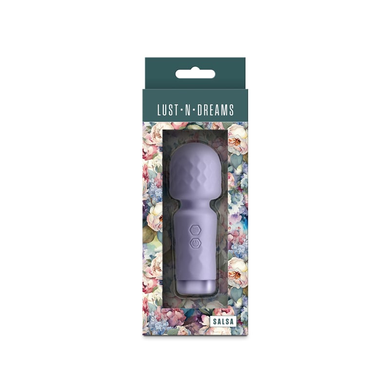 Lust N Dreams Salsa Silicone Petite Body Wand Lavender in floral packaging