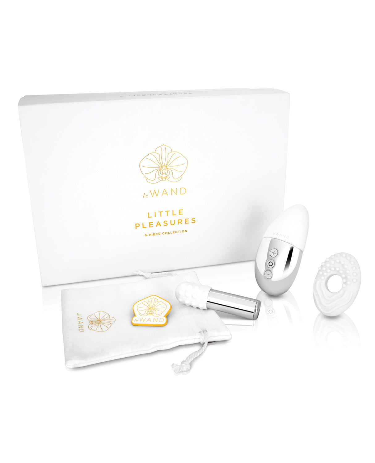 Le Wand Little Pleasures 6 Piece Kit Chrome with box and accessories in elegant white and silver design.