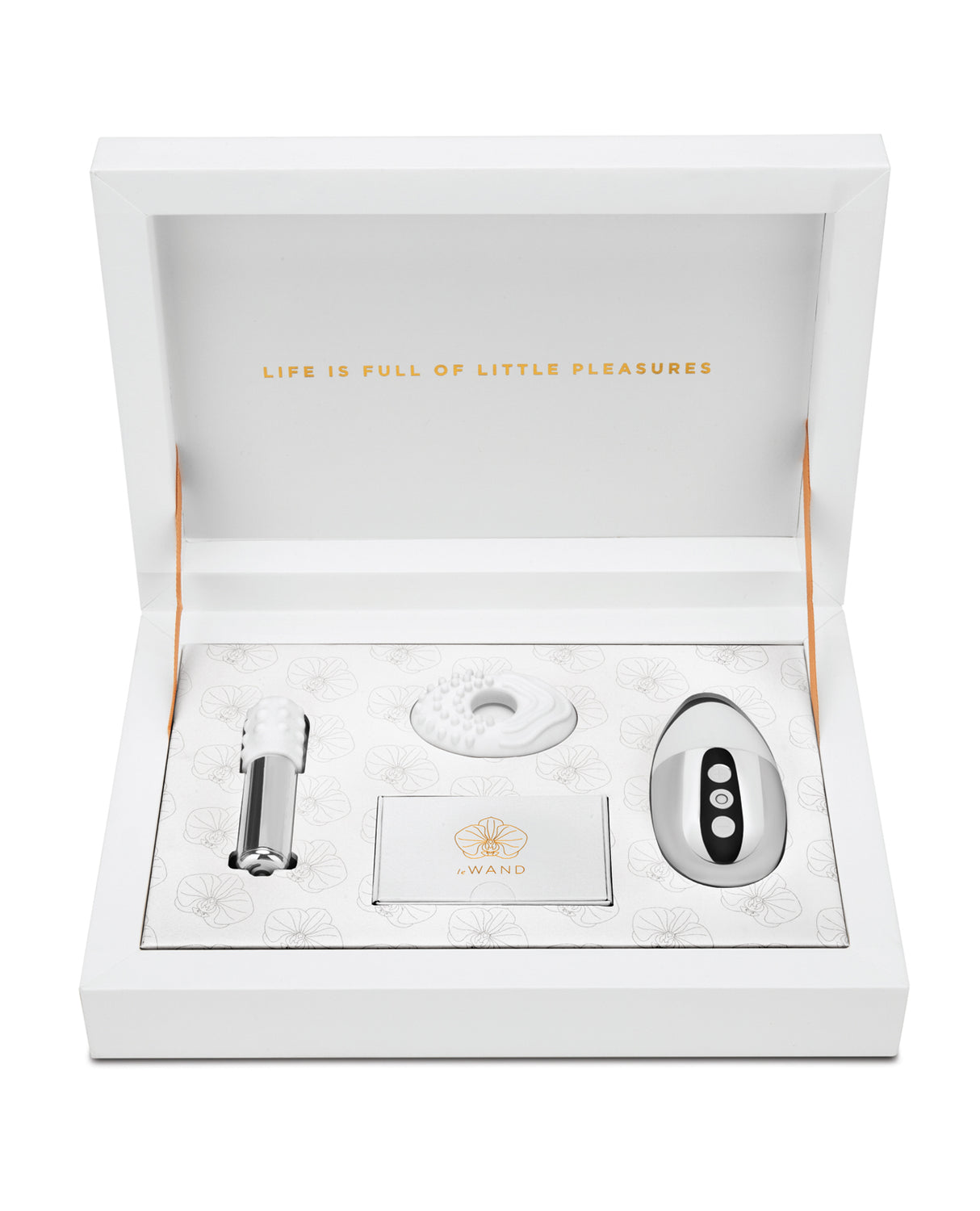 Le Wand Little Pleasures 6 Piece Kit Chrome elegantly displayed in a white keepsake box.