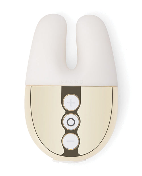 Le Wand Double Vibe Rechargeable Vibrator White Gold view from above with bunny ears and control buttons.