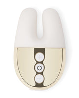 Le Wand Double Vibe Rechargeable Vibrator White Gold view from above with bunny ears and control buttons.