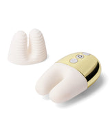 Le Wand Double Vibe Rechargeable Vibrator White Gold with bunny ear design and textured silicone insert.