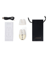 Le Wand Double Vibe Rechargeable Vibrator White Gold with USB cable and storage pouch.