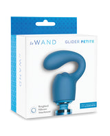 Le Wand Petite Glider Weighted Silicone Attachment Blue packaging with blue design and clear compatibility label.