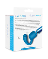 Le Wand Petite Glider Weighted Silicone Attachment Blue in packaging showcasing its design and features.
