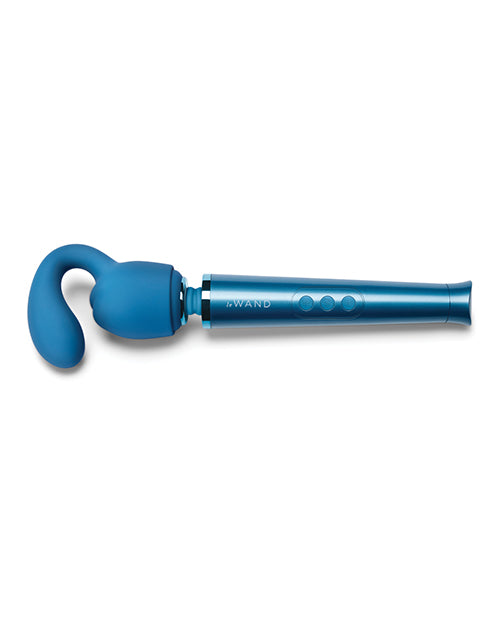 Le Wand Petite Glider Weighted Silicone Attachment Blue on a white background, showcasing its ergonomic design and vibrant color.