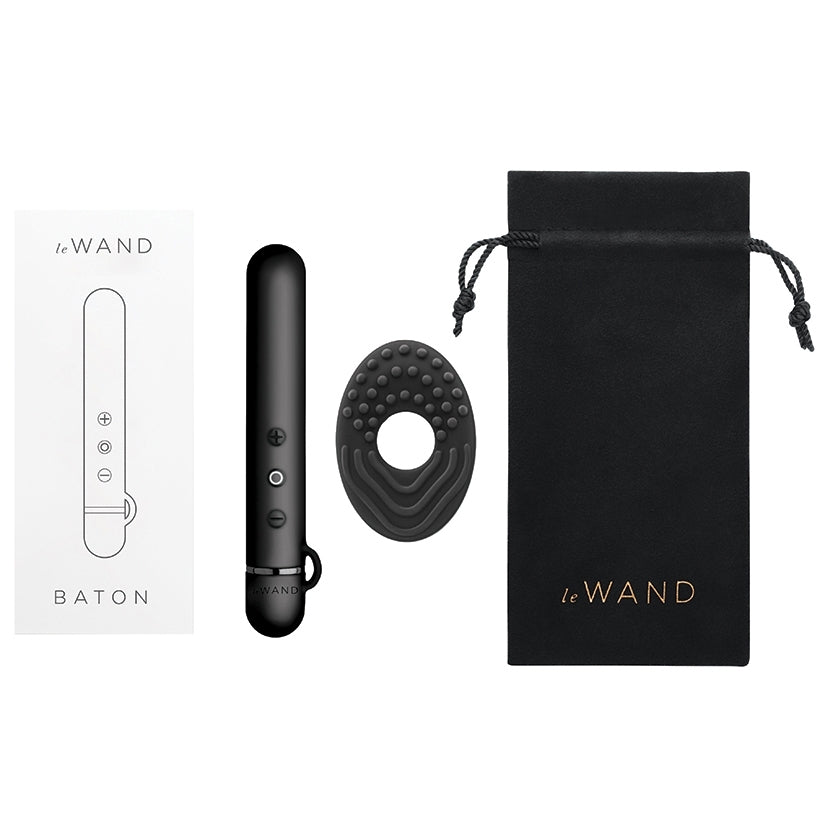 Le Wand Chrome Baton Vibrator Black with packaging and accessories including a textured sleeve and storage pouch.