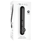 Le Wand Chrome Baton Vibrator Black shown in packaging with recharge options and silicone textured ring.