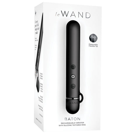 Le Wand Chrome Baton Vibrator Black shown in packaging with recharge options and silicone textured ring.