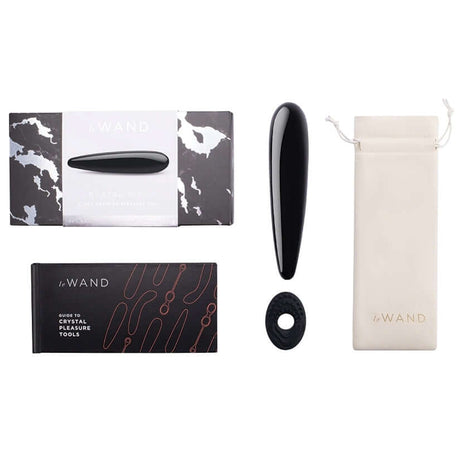 Le Wand Crystal Wand Black Obsidian Probe with packaging and included accessories displayed.