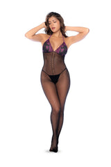 Whispered Lace Fishnet Bodystocking Black Purple by Mapale showcasing a model in a striking full-body fishnet outfit.