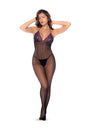 Whispered Lace Fishnet Bodystocking Black Purple by Mapale showcasing a model in a striking full-body fishnet outfit.