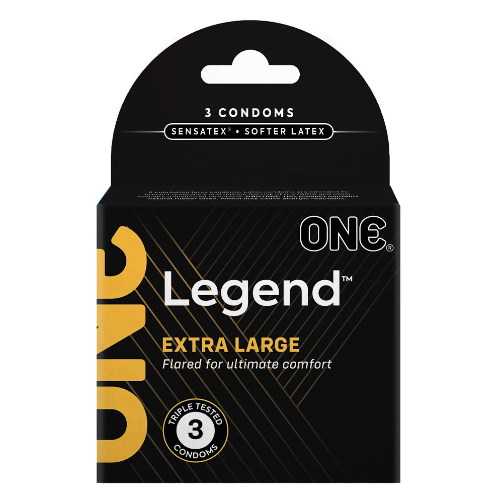 ONE The Legend Larger Size Condoms 3 Pack - packaging showing extra large and flared design for ultimate comfort.