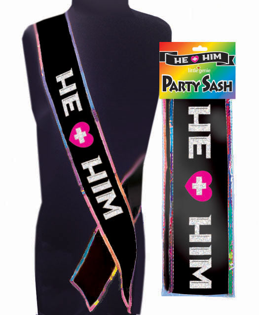 He Plus Him Glitter Bachelor Party Sash displayed on a mannequin, showcasing its fun design for celebrations.