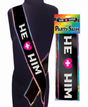 He Plus Him Glitter Bachelor Party Sash displayed on a mannequin, showcasing its fun design for celebrations.