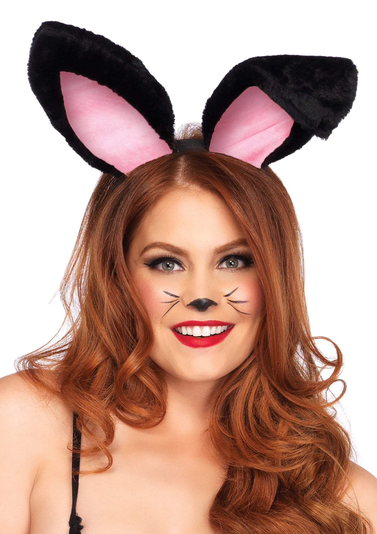 Leg Avenue Plush Bunny Rabbit Ears Headband Black worn by a model with bunny makeup and long hair.
