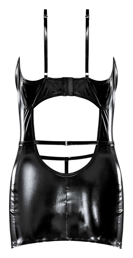 Liquid Onyx Cut Out Mini Dress & G-String Set Black featuring a provocative back cutout design.
