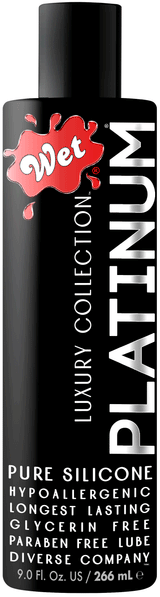 Wet Platinum Luxury Silicone Lubricant 9 Oz bottle showcasing premium silicone-based personal lubricant.