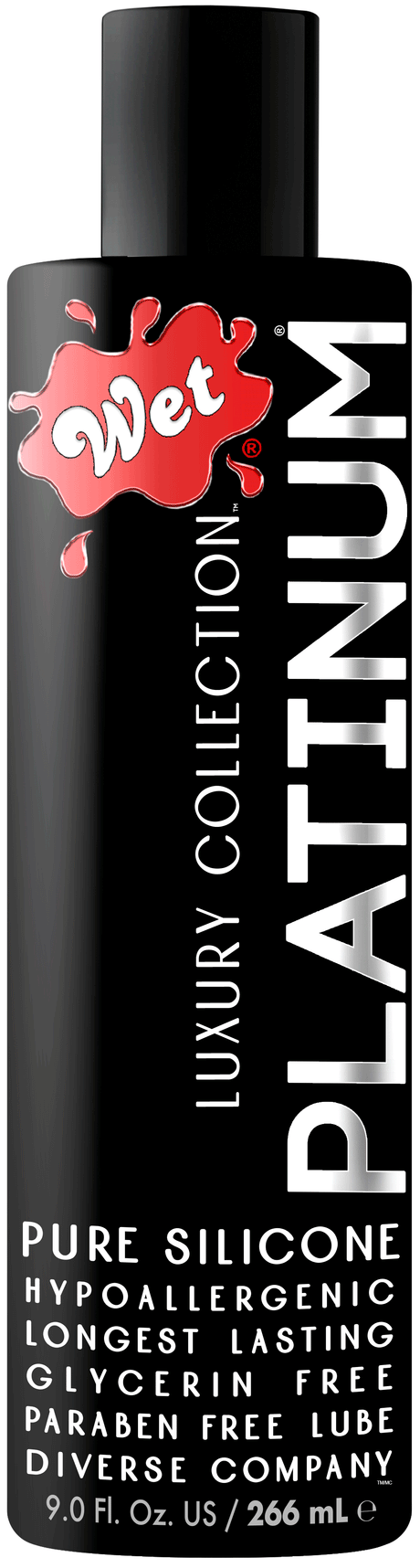 Wet Platinum Luxury Silicone Lubricant 9 Oz bottle showcasing premium silicone-based personal lubricant.