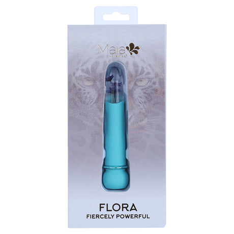 Maia Flora Fiercely Powerful Vibrator Teal in packaging showcasing its beautiful design and powerful features.