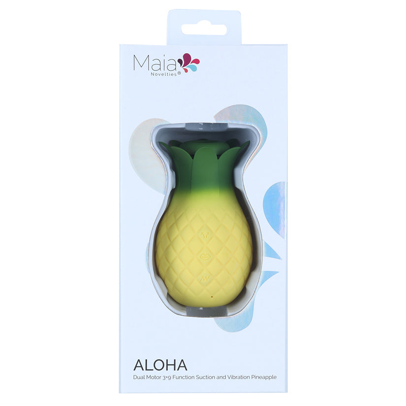 Maia Aloha Suction & Vibrating Pineapple Vibrator in packaging with dual motor function.
