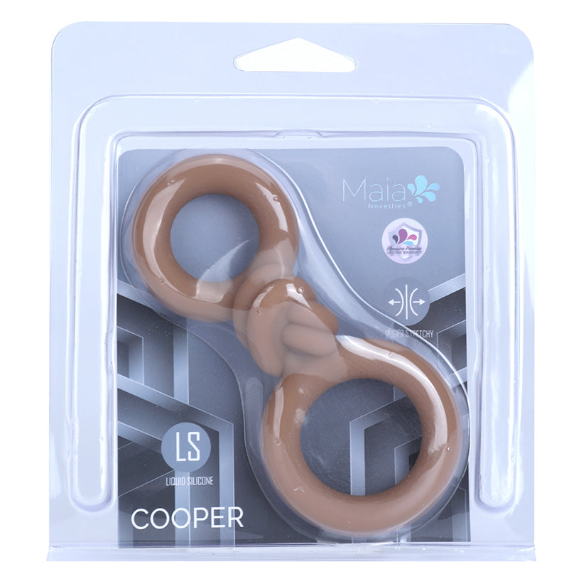 Maia Cooper Liquid Silicone Dual Super Stretch C-Ring Caramel in packaging, showcasing its design and quality.