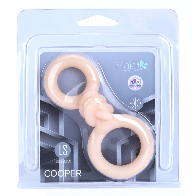 Maia Cooper Liquid Silicone Dual Super Stretch C-Ring Beige packaging display with two interlocked rings