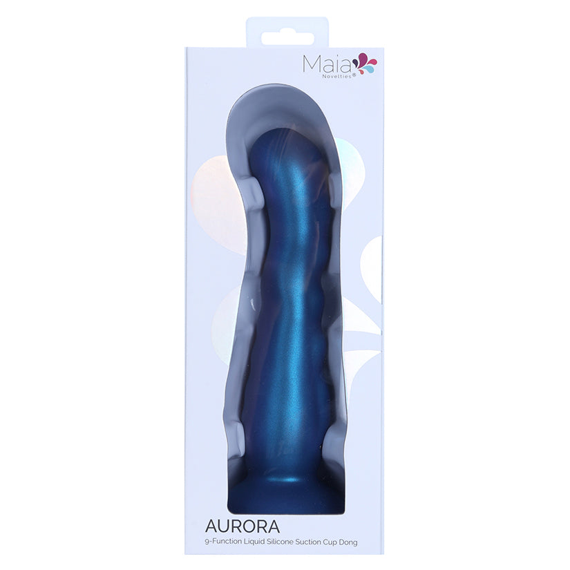 Maia Aurora Vibrating Liquid Silicone Suction Cup Dong in blue packaging, showcasing its elegant design.