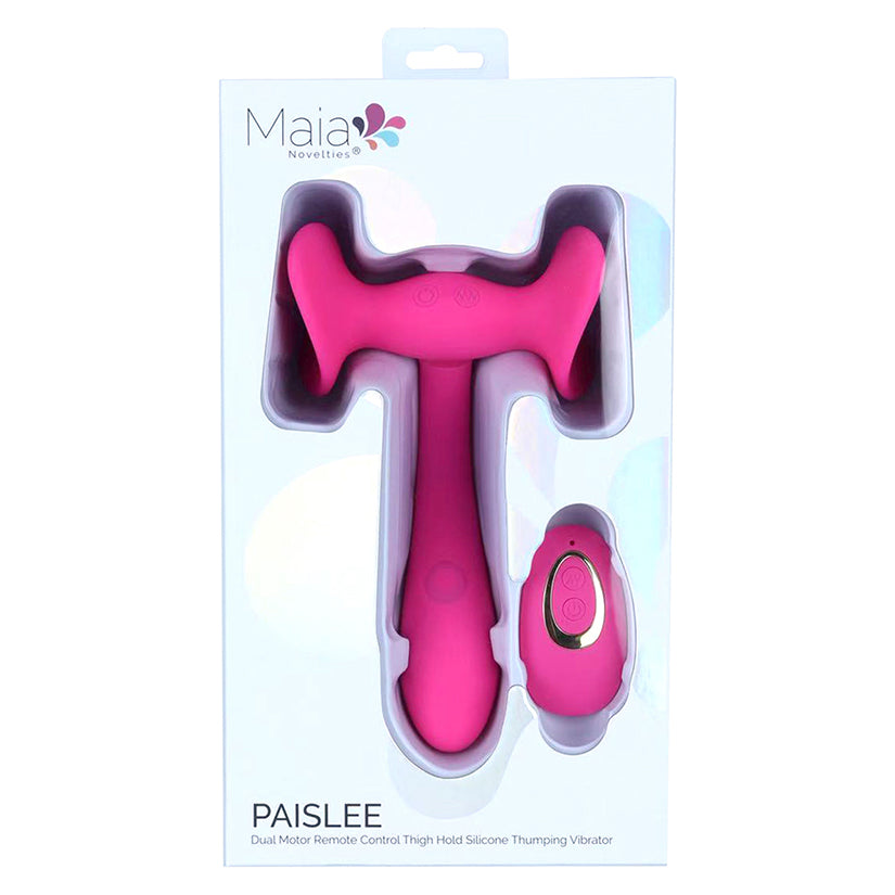 Maia Paislee Dual Motor Remote Control Thigh Hold Thumping Vibrator displayed in packaging with remote control.