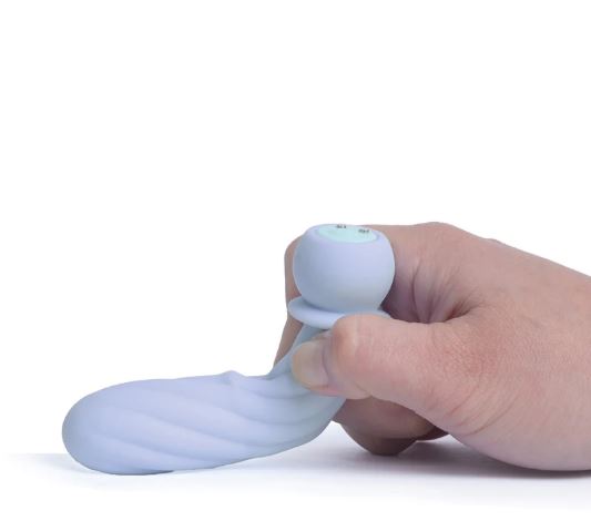 Maia Symba Flexible Bullet Vibrator Purple Swirl held in hand, showcasing its compact and flexible design.