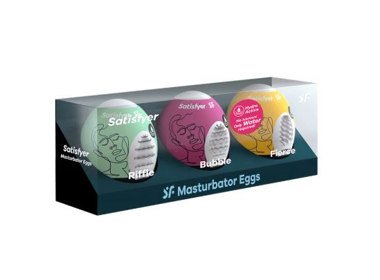 Satisfyer Masturbator Egg 3 Pack Riffle Bubble Fierce packaging showcasing three unique strokers.