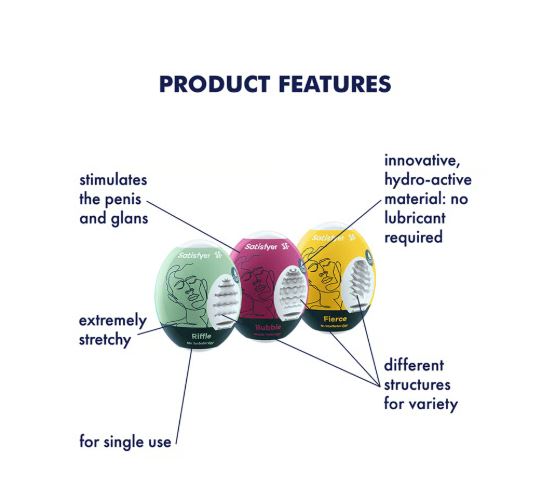 Satisfyer Masturbator Egg 3 Pack Riffle Bubble Fierce featuring product features and descriptions.
