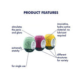 Satisfyer Masturbator Egg 3 Pack Riffle Bubble Fierce featuring product features and descriptions.