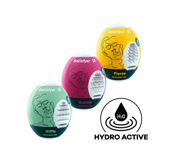 Satisfyer Masturbator Egg 3 Pack Riffle Bubble Fierce featuring Riffle, Bubble, and Fierce textured strokers.