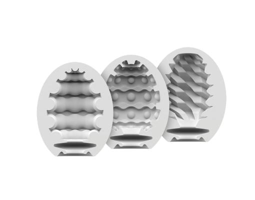 Satisfyer Masturbator Egg 3 Pack Riffle Bubble Fierce featuring unique interior textures for varied sensations.