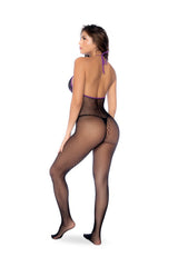 Whispered Lace Fishnet Bodystocking Black Purple featuring open fishnet and delicate lace accents with a back view model pose.