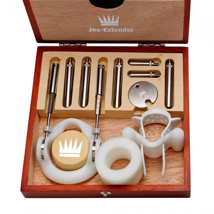 Jes-Extender Original Standard Penis Extender in a classic mahogany case with accessories for gradual lengthening.
