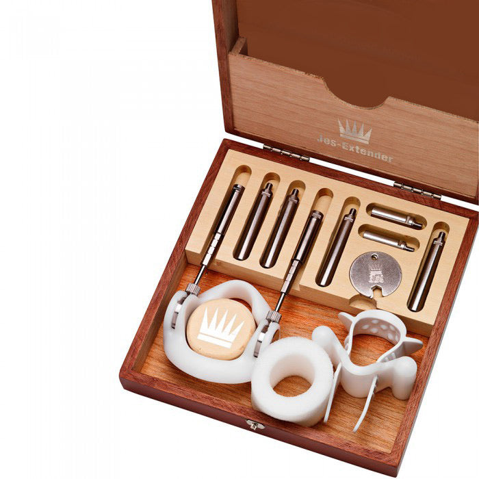 Jes-Extender Original Standard Penis Extender kit in a classic mahogany case with traction device components.