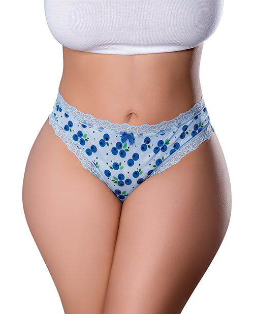 Sweet Treats Crotchless Thong Blueberry Lube Blue Queen featuring blue blueberry print and lace trim.