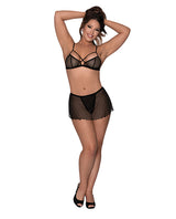Girl Next Door Strappy Bralette Thong Skirt Black L XL lingerie set with strappy bralette and ruffle-trimmed skirt.