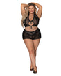 Modern Romance Tie Front Halter & Tap Pant Black 2X lingerie set model wearing a tie-front bralette and matching tap pant.