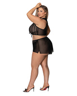 Modern Romance Tie Front Halter & Tap Pant Black 2X model wearing black lingerie set from side view.