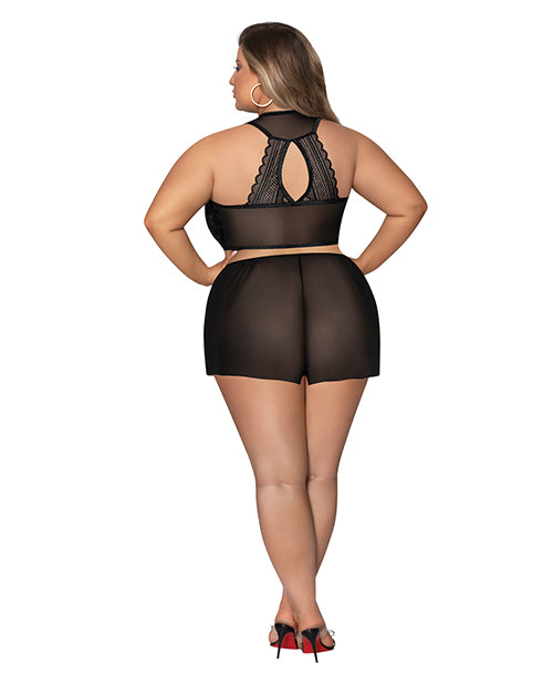 Modern Romance Tie Front Halter & Tap Pant Black 2X showcasing the back view of the lingerie set with a flirty bralette and tap pant.